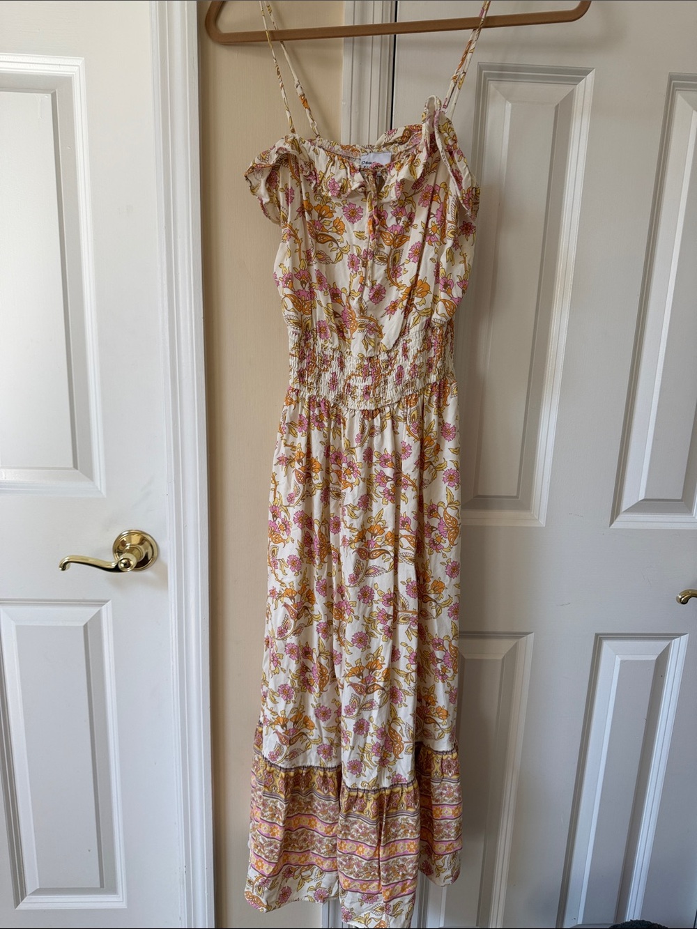 Floral Ruffle Maxi Dress - Cream with Pink & Gold
